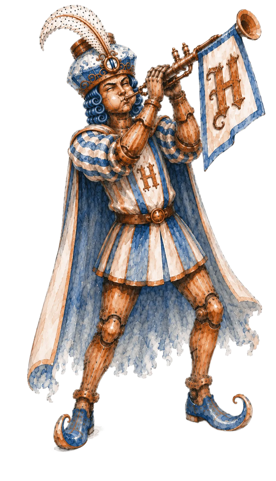 A medieval herald sounding his horn, bearing a banner with a big H