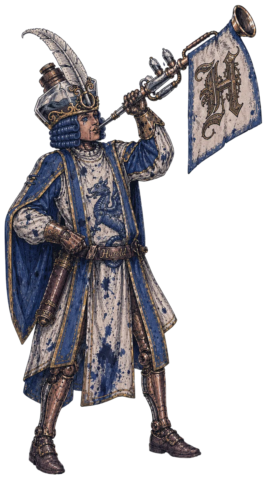 A medieval herald sounding his horn, bearing a banner with a dragon emblem